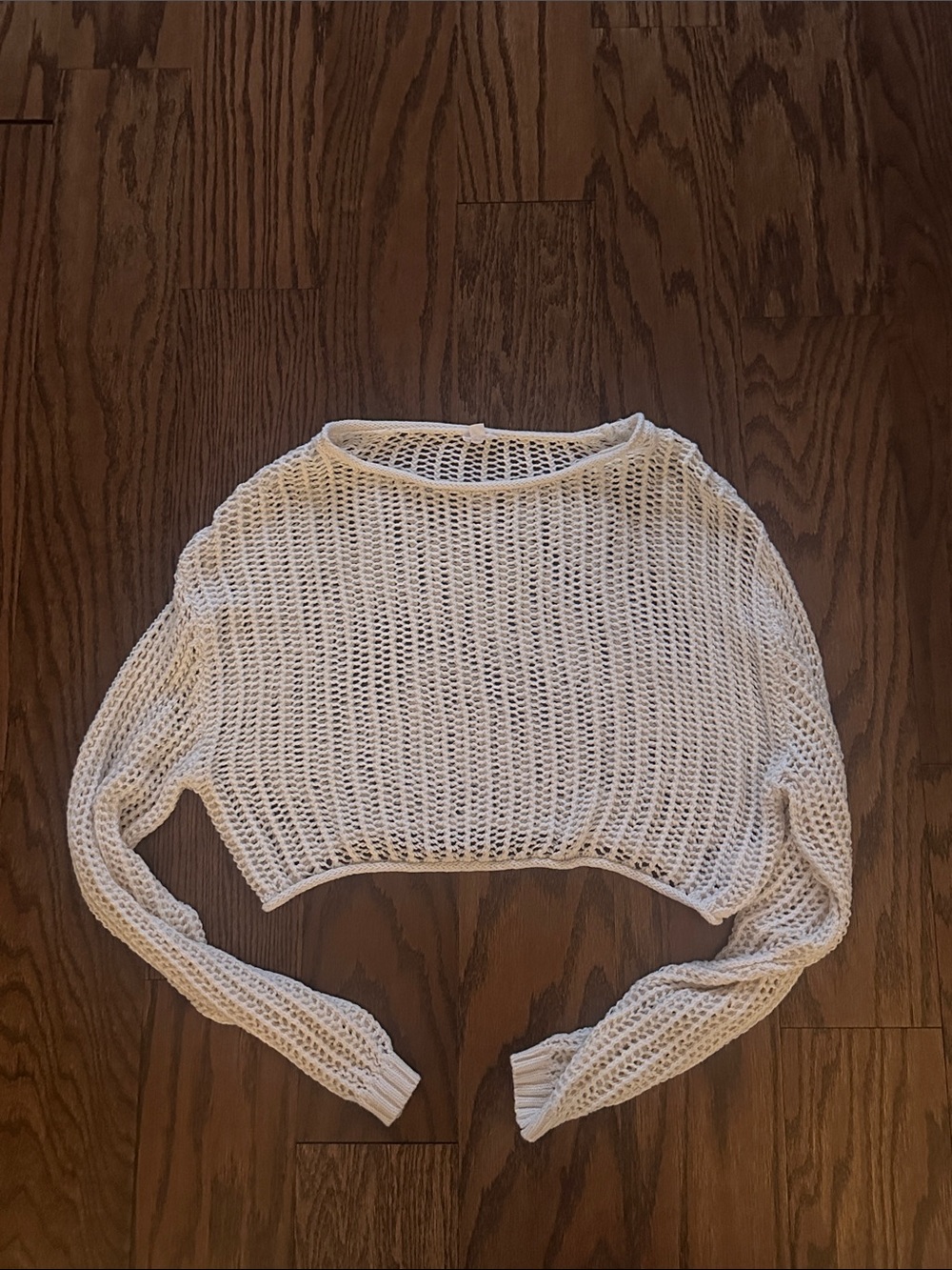 Garage White Open-Knit Cropped Crewneck Sweater